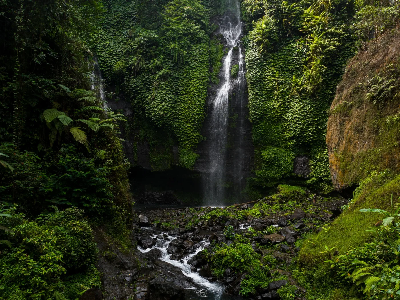 A waterfall dropping into the Ayung River gorge